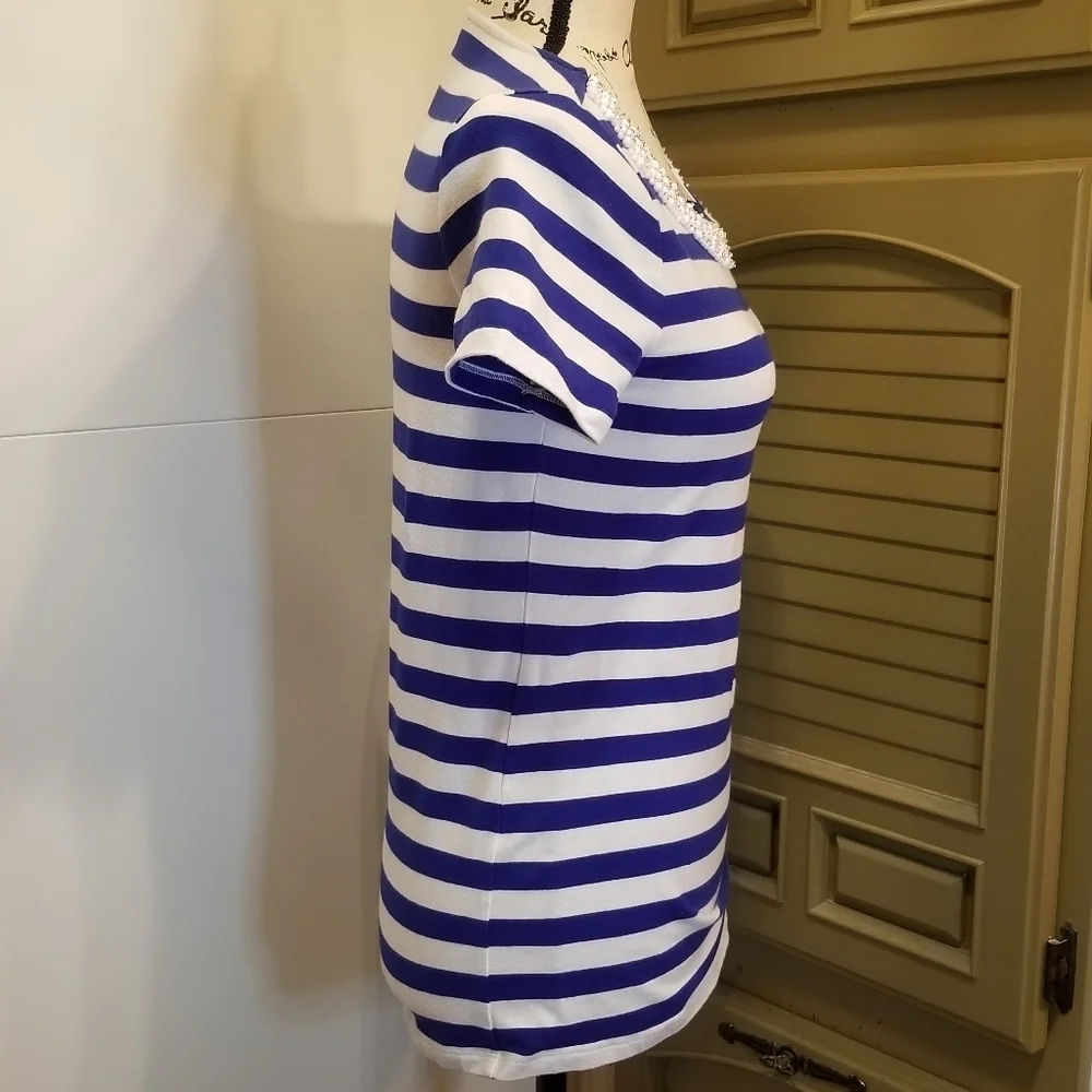 Talbots Blue White Nautical Striped Pearl Beaded Top XS - Picture 5 of 10